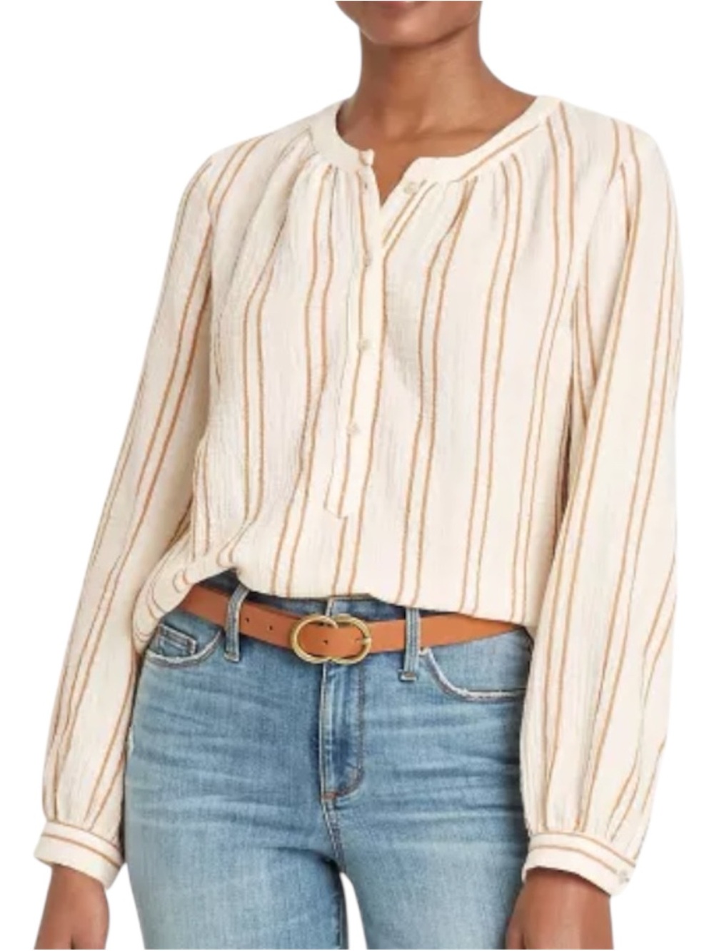 Universal Thread Large Cream Tan Stripe Cotton Gauze Blouse Long Sleeve Boho